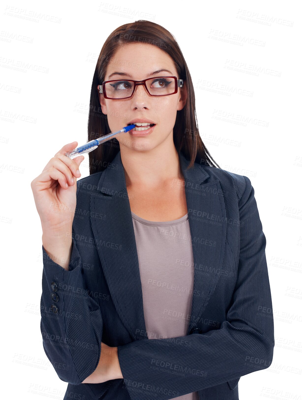 Buy stock photo Idea, future and a young lawyer woman isolated on a transparent background for legal problem solving. Thinking, law and question with an attractive female advocate planning her trial defense on PNG