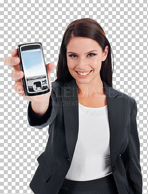 Buy stock photo Technology, portrait of a woman with phone screen and happy isolated against a transparent png background. Branding or advertising, marketing mockup and female person with a cellphone for mobile app