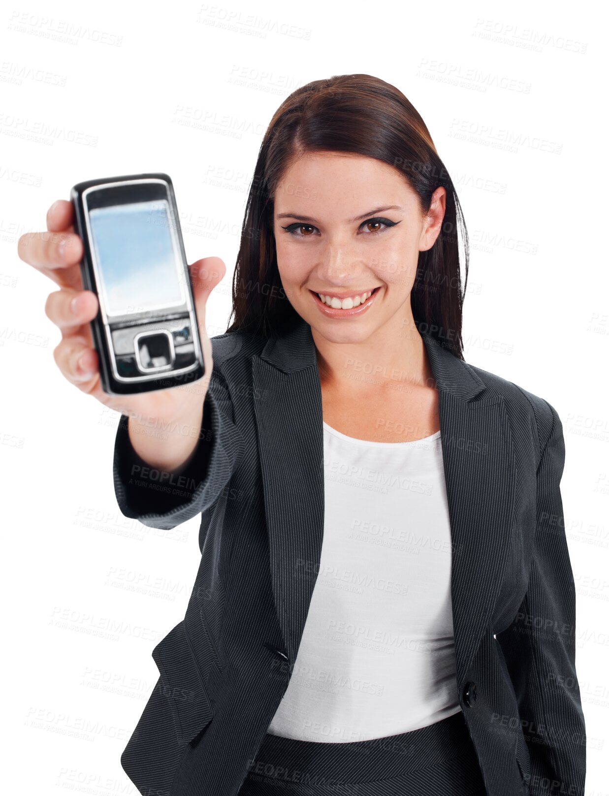 Buy stock photo Technology, portrait of a woman with phone screen and happy isolated against a transparent png background. Branding or advertising, marketing mockup and female person with a cellphone for mobile app