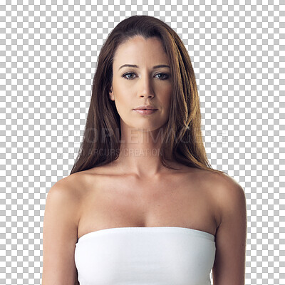 Buy stock photo Portrait, beauty and skincare of serious woman isolated on a transparent png background. Face, natural and female model with cosmetics in spa facial treatment for wellness, healthy skin and aesthetic