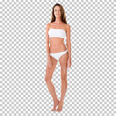 Buy stock photo Isolated woman, swimwear and healthy body in portrait with smile, confidence and transparent png background. Happy young model, underwear or bikini for beach fashion, swimming or summer for aesthetic