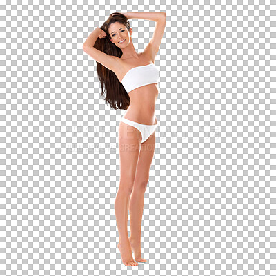 Buy stock photo Bikini, portrait and body of happy woman isolated on a transparent png background. Swimsuit, sexy and natural beauty of model in underwear, lingerie and summer fashion aesthetic for healthy self care