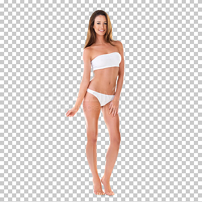 Buy stock photo Bikini, body portrait and smile of woman isolated on a transparent png background. Swimsuit, sexy and natural beauty of model in underwear, lingerie and summer fashion aesthetic for healthy self care