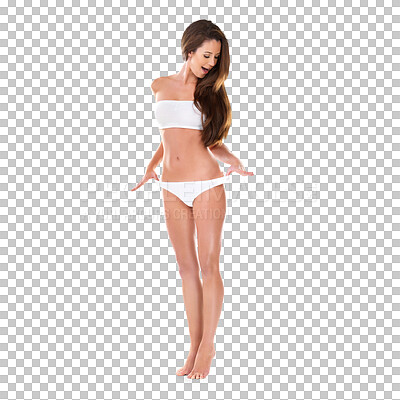 Buy stock photo Skincare, body of woman in a bikini and isolated against a transparent png background for selfcare. Cosmetology or beauty cosmetics, confident and female person in underwear posing for healthy skin