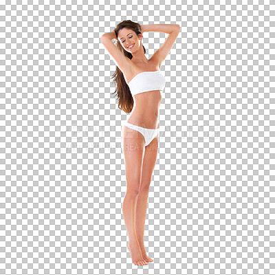 Buy stock photo Underwear, beauty and body of happy woman isolated on a transparent png background. Bikini, sexy and natural female model in swimsuit, lingerie and summer fashion aesthetic for healthy self care.