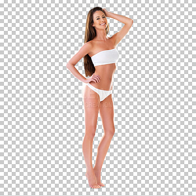 Buy stock photo Bikini, body portrait or happy woman isolated on a transparent png background. Swimsuit, sexy or natural beauty of young model in underwear, lingerie aesthetic or summer fashion for healthy self care