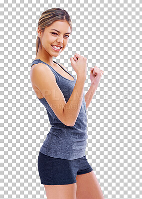 Buy stock photo Fitness, celebration and portrait of a woman after a workout for health, wellness and self care. Sports, achievement and female athlete cheering for a exercise isolated by transparent png background.