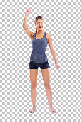 Buy stock photo Portrait, fitness and winner with a sports woman isolated on a transparent background for an achievement. Exercise, success and body with a healthy young athlete arm raised in celebration on PNG