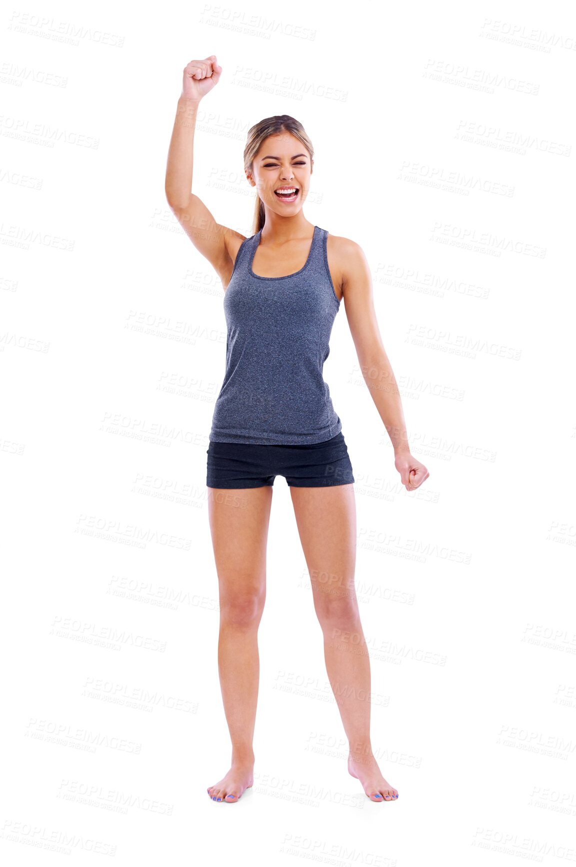 Buy stock photo Portrait, fitness and winner with a sports woman isolated on a transparent background for an achievement. Exercise, success and body with a healthy young athlete arm raised in celebration on PNG