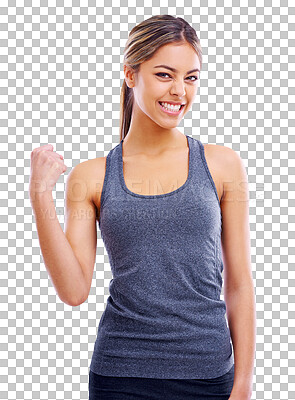 Buy stock photo Portrait, fitness and motivation with the fist of a woman isolated on transparent background for health. Exercise, winner or success with an attractive young female athlete cheering for sport on PNG