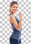 Fitness, flexing and portrait of woman in celebration for workout for health, wellness and self care. Sports, celebrate and female athlete cheering for exercise isolated by transparent png background