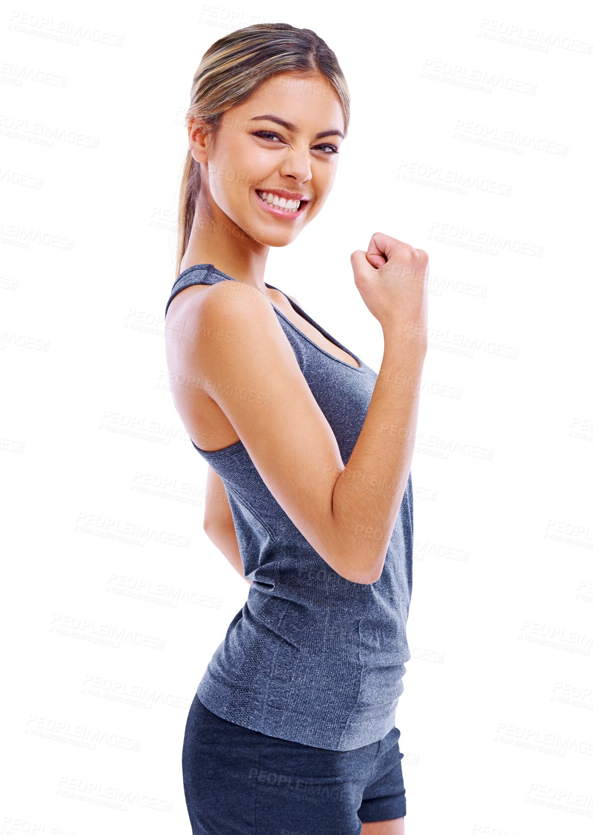 Buy stock photo Fitness, flexing and portrait of woman in celebration for workout for health, wellness and self care. Sports, celebrate and female athlete cheering for exercise isolated by transparent png background