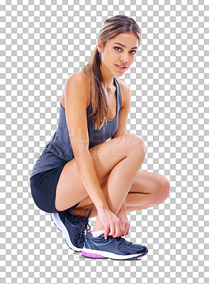 Buy stock photo Woman, portrait and tying shoes in fitness for running exercise isolated on a transparent PNG background. Fit, active and sport female person tie shoe getting ready in exercising run, walk or workout