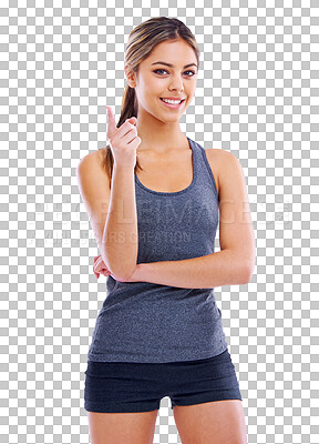 Buy stock photo Isolated woman, fitness and pointing at you for exercise, wellness or gym by transparent png background. Girl, model or personal trainer for recruitment, choice or selection for workout in portrait