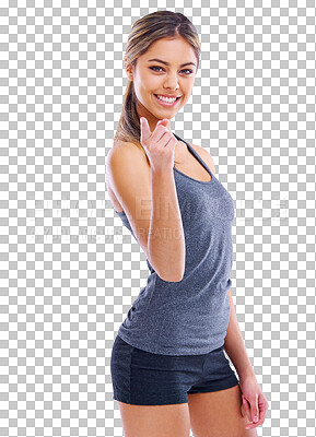 Buy stock photo Isolated woman, fitness and point at you for exercise, wellness and gym by transparent png background. Girl, model or personal trainer for recruitment, choice and selection for workout in portrait