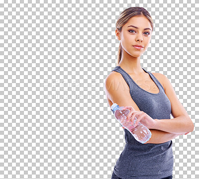 Buy stock photo Portrait, fitness and water with a sports woman isolated on a transparent background for health or hydration. Exercise, workout and arms crossed with an attractive young athlete training on PNG