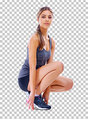 Buy stock photo Portrait, fitness and sports with a woman runner isolated on a transparent background for health. Running, cardio and endurance with an attractive young female athlete training on PNG for exercise