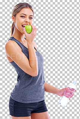 Buy stock photo Woman, fitness and apple for natural nutrition or healthy eating isolated on a transparent PNG background. Portrait of female person, water bottle and biting organic fruit in balance diet or wellness