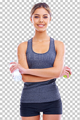 Buy stock photo Portrait, health and arms crossed with a sports woman isolated on a transparent background for health. Exercise, water and apple with an attractive young female athlete training for fitness on PNG