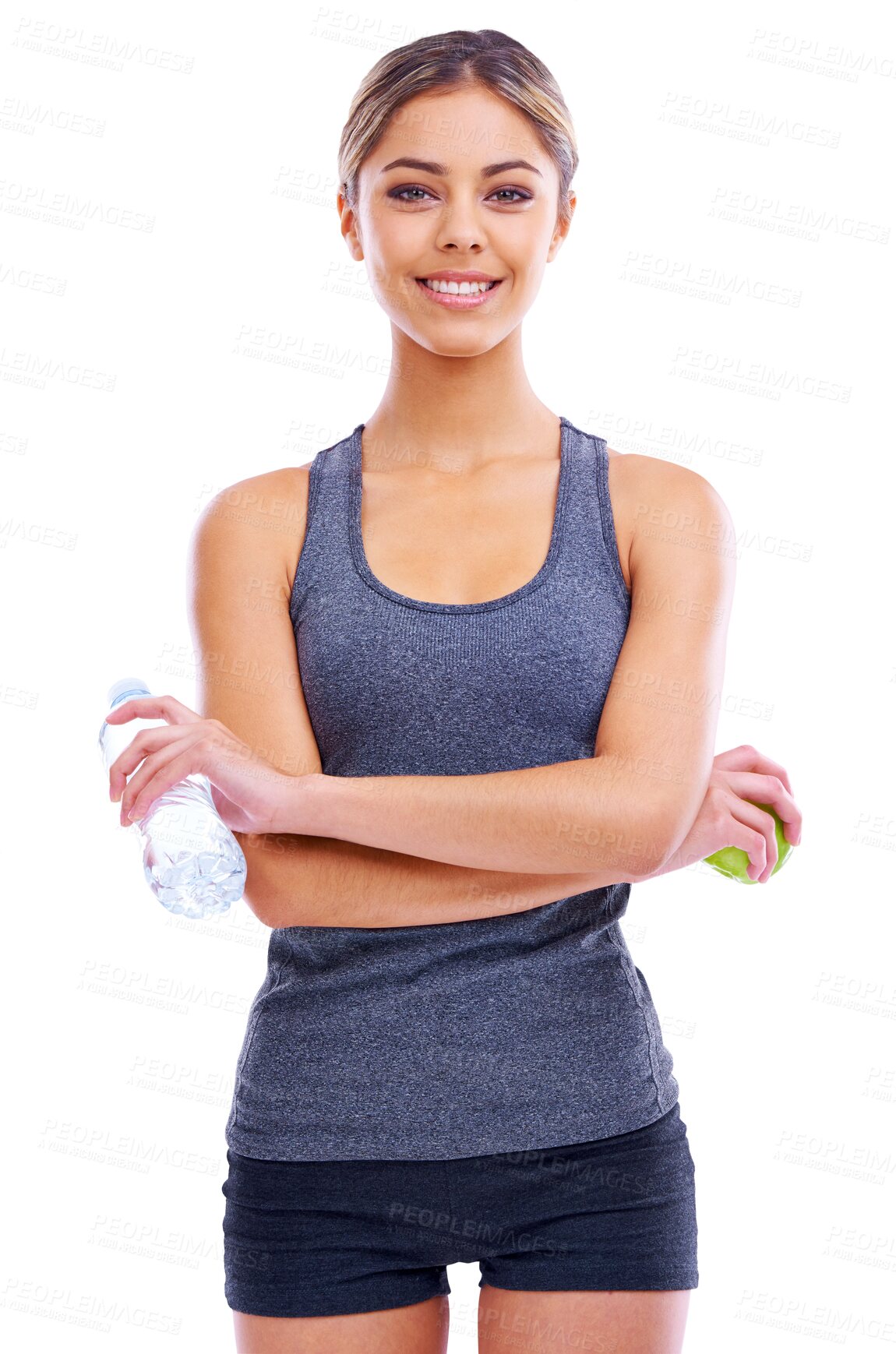 Buy stock photo Portrait, health and arms crossed with a sports woman isolated on a transparent background for health. Exercise, water and apple with an attractive young female athlete training for fitness on PNG