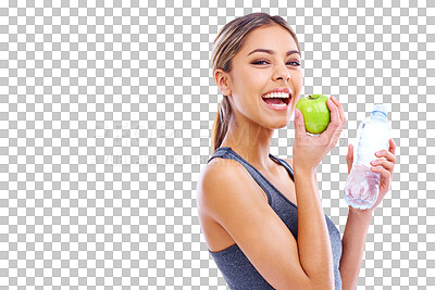 Buy stock photo Happy woman, apple and water for nutrition or diet isolated on a transparent PNG background. Portrait of female person, bottle and organic fruit or food in fitness for natural and healthy eating