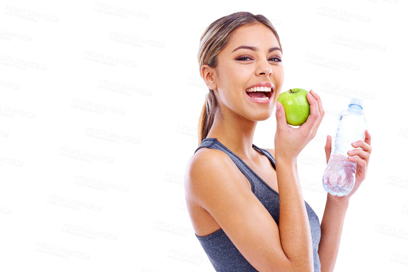 Buy stock photo Happy woman, apple and water for nutrition or diet isolated on a transparent PNG background. Portrait of female person, bottle and organic fruit or food in fitness for natural and healthy eating