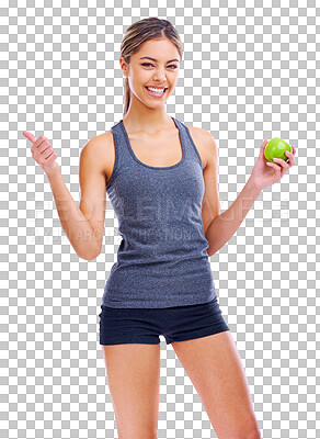 Buy stock photo Happy woman, apple and thumbs up for natural nutrition isolated on a transparent PNG background. Portrait of female person with organic fruit, diet or thumb emoji, yes sign or like for healthy eating