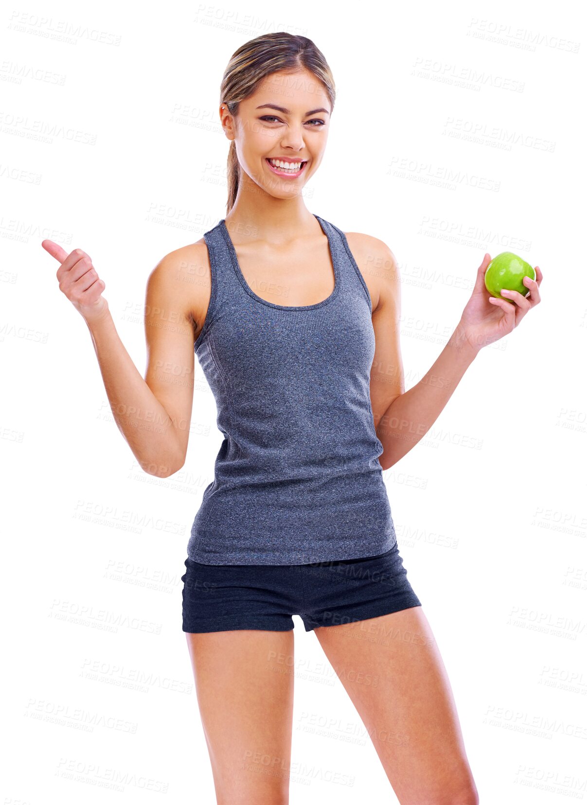 Buy stock photo Happy woman, apple and thumbs up for natural nutrition isolated on a transparent PNG background. Portrait of female person with organic fruit, diet or thumb emoji, yes sign or like for healthy eating