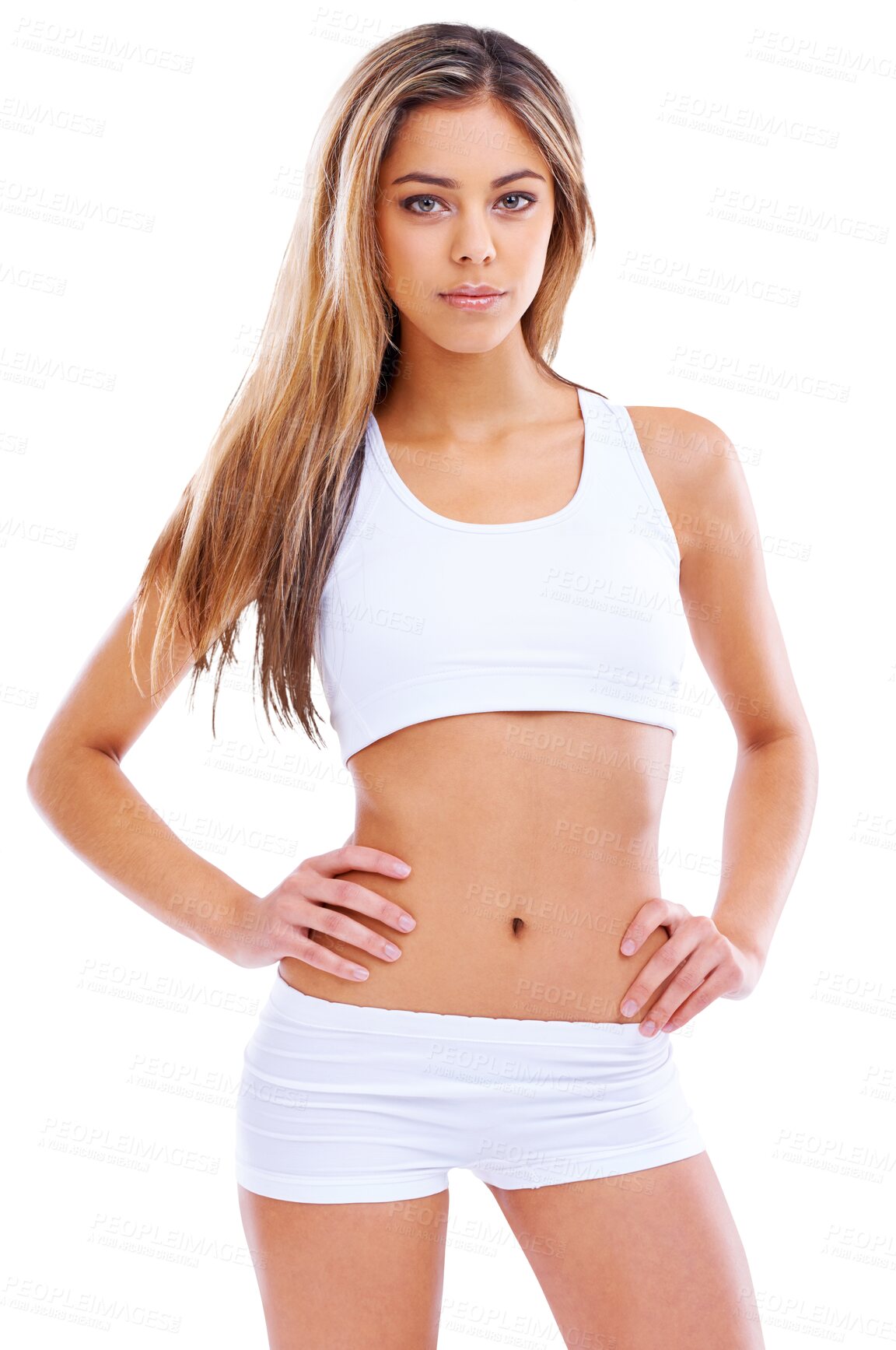 Buy stock photo Confident woman, fitness and portrait in sportswear standing isolated on a transparent PNG background. Fit, active and sport female person in confidence with hands on hip for healthy body or exercise