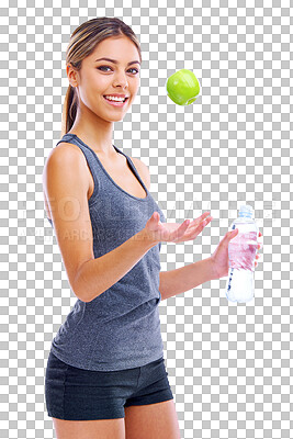 Buy stock photo Happy woman, apple and water for fitness nutrition isolated on a transparent PNG background. Portrait of female person, bottle and organic fruit for natural diet, sustainability or healthy wellness