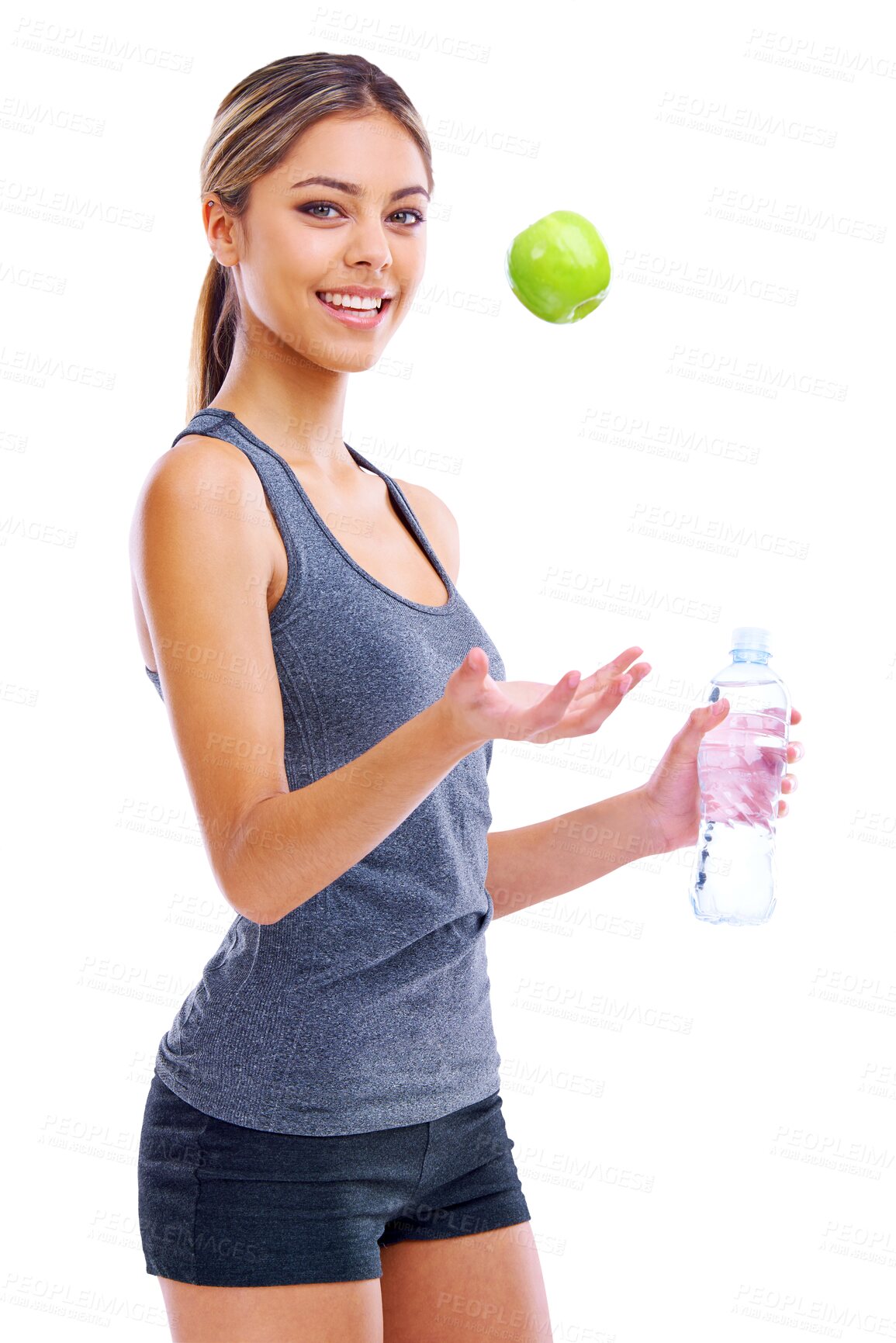 Buy stock photo Happy woman, apple and water for fitness nutrition isolated on a transparent PNG background. Portrait of female person, bottle and organic fruit for natural diet, sustainability or healthy wellness