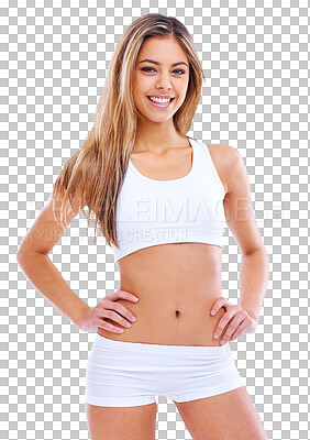 Buy stock photo Happy woman, fitness and portrait in sportswear standing isolated on a transparent PNG background. Fit, active and sport female person smile posing with hands on hip for slim healthy body or exercise