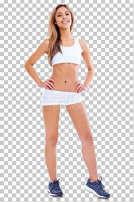 Buy stock photo Happy woman, fitness and portrait standing in confidence isolated on a transparent PNG background. Fit, active and sport female person smile posing with hands on hip for slim healthy body or exercise