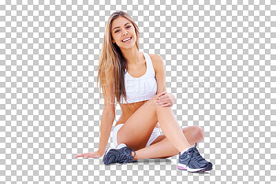 Buy stock photo Fitness, portrait and funny woman on floor isolated on a transparent png background. Sports, happy and athlete on ground during exercise, training or workout for body, health and laughing in Canada.