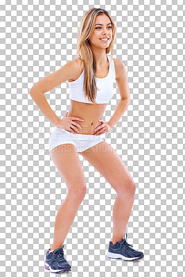 Buy stock photo Fitness, woman with workout and squats isolated against a transparent png background happy in sportswear. Exercise or training, smile for cardio and female athlete practice for health and strength