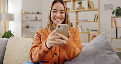 Buy stock photo Happy woman, relax or phone on sofa with internet connection streaming a video or movie online. Smile, meme or Asian person laughing on social media to scroll on mobile app for communication or chat