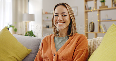 Buy stock photo Portrait, relax or happy woman on couch with smile in living room in home, house or apartment. Face, comfortable lady or female person on sofa with peace or confidence resting on break for wellness 