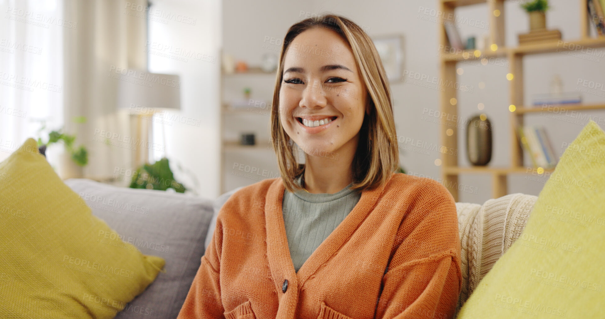 Buy stock photo Portrait, relax or happy woman on couch with smile in living room in home, house or apartment. Face, comfortable lady or female person on sofa with peace or confidence resting on break for wellness 