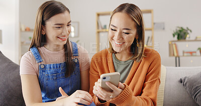 Buy stock photo Relax, friends or women with phone for social media videos or search on internet, web or gossip blog. Smile, happy people and girls with a mobile app for chat or reading news together in living room