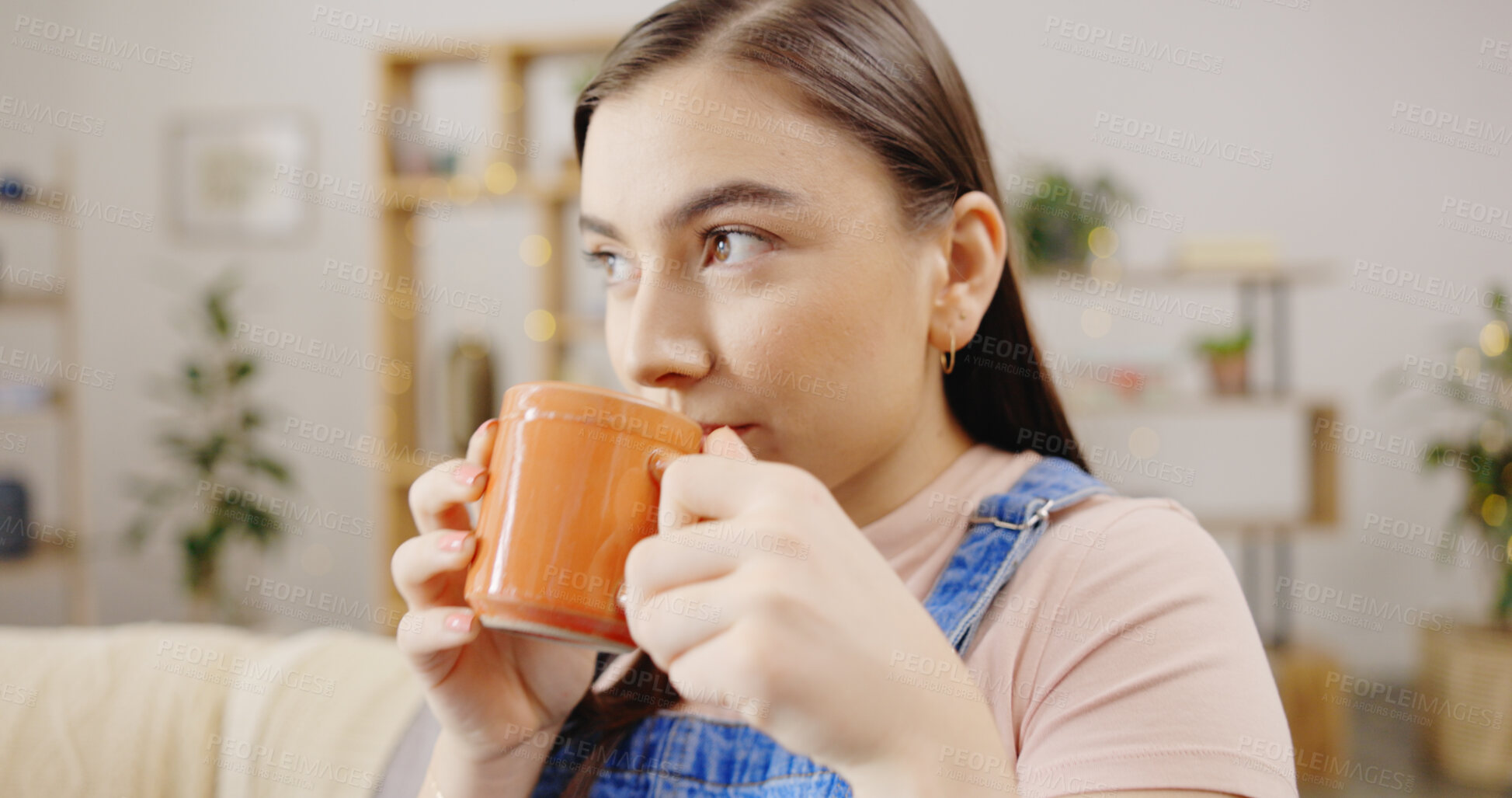 Buy stock photo Woman, coffee and thinking in relax on sofa for break or daydreaming in living room at home. Female person drinking latte, tea or beverage on calm holiday, morning or weekend on lounge couch at house