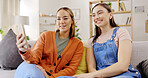 Woman, friends and phone laughing on video call for funny joke, meme or communication at home. Women talking on mobile smartphone with laugh for silly conversation or discussion on living room sofa