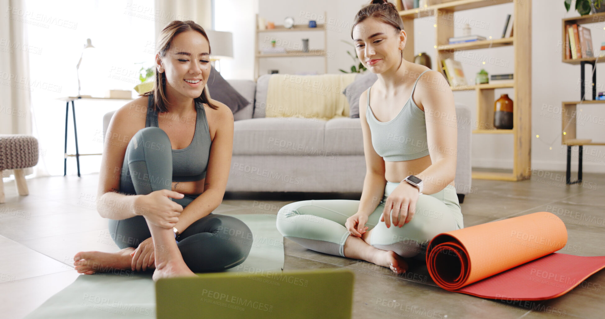 Buy stock photo Fitness, laptop and women friends on a living room floor for yoga, training and exercise tutorial discussion. Pilates, workout and ladies watching online guide for holistic, wellness or mental health