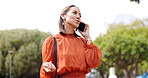 Business woman, phone call and walking in park with smile, consulting or excited for news, conversation and chat. Businesswoman, happy and smartphone for networking, contact and surprise in nature