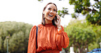 Business woman, walking and phone call consulting in park with news, conversation and chat for advice. Businesswoman, talk and listen with smartphone for networking, contact and question in nature