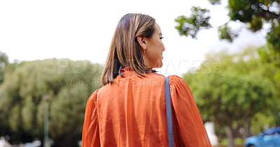 Buy stock photo Walking, back and business woman at park for travel, journey and trip to work in the morning. Pedestrian, thinking and behind of a professional person travelling, entrepreneur commuting and stroll