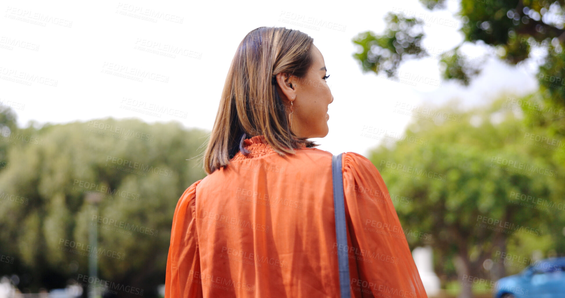 Buy stock photo Walking, back and business woman at park for travel, journey and trip to work in the morning. Pedestrian, thinking and behind of a professional person travelling, entrepreneur commuting and stroll