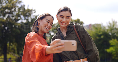 Buy stock photo Selfie of women in park together with smile, nature and memory for social media with trees. Photography, happiness and friends in city garden for holiday blog, post or live stream on outdoor walk.