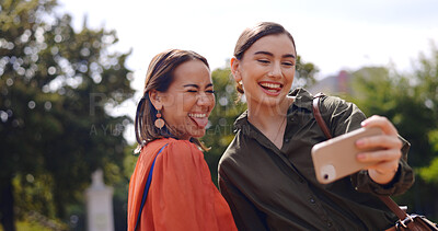 Buy stock photo Selfie of women in garden together with smile, nature and memory for social media with trees. Photography, happiness and friends in city park for holiday blog, post or live stream on outdoor walk.