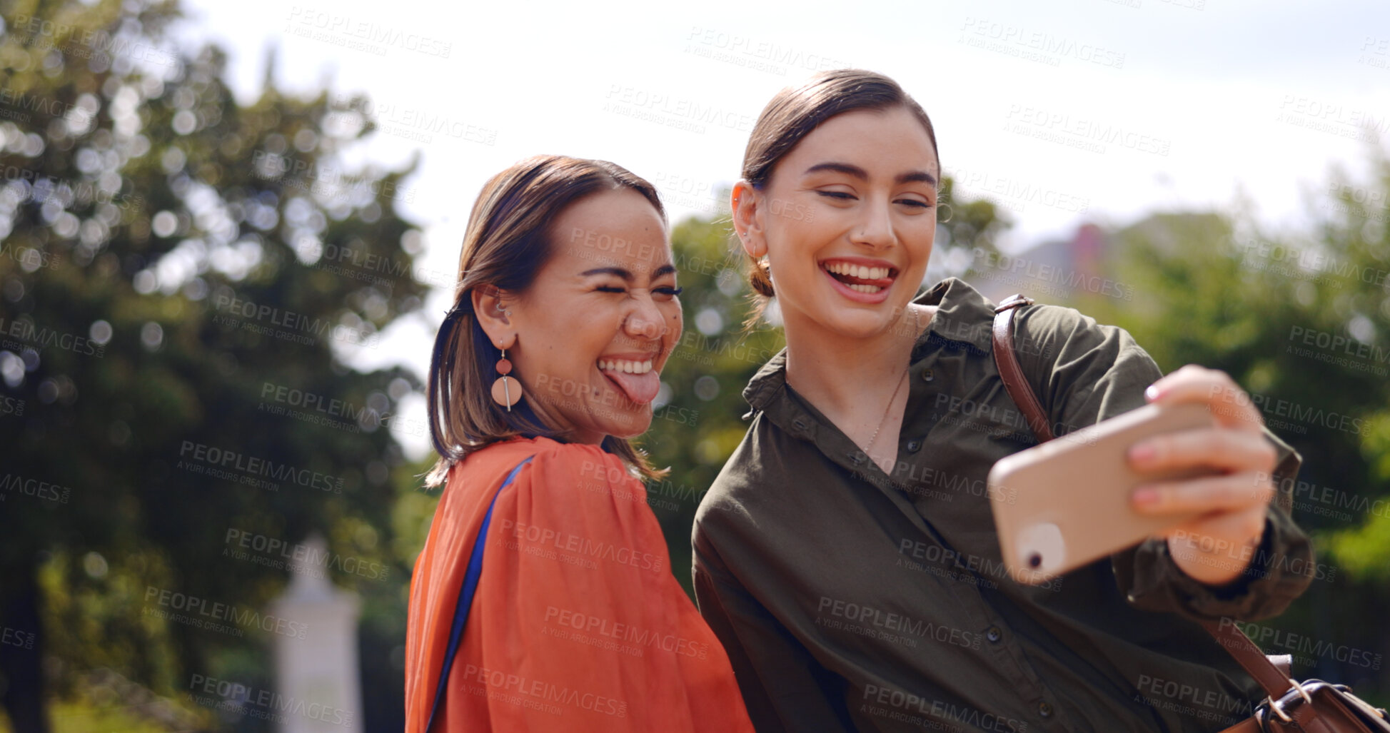 Buy stock photo Selfie of women in garden together with smile, nature and memory for social media with trees. Photography, happiness and friends in city park for holiday blog, post or live stream on outdoor walk.