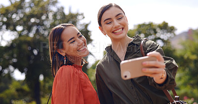 Buy stock photo Selfie of friends in park together with smile, nature and memory for social media with trees. Photography, happiness and women in city garden for holiday blog, post or live stream on outdoor walk.